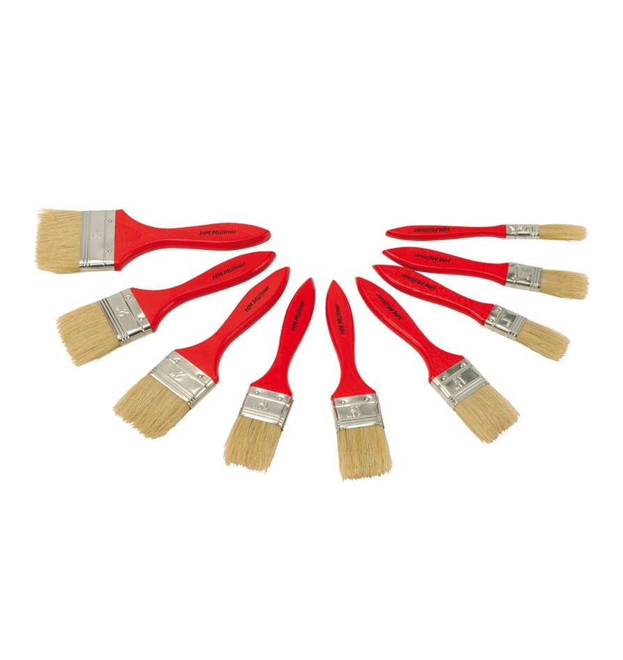 [HM27-9] Set de pinceaux plats, 9 pcs. Brosse à poils de Chine, avec manche en bois, virole galvanisée