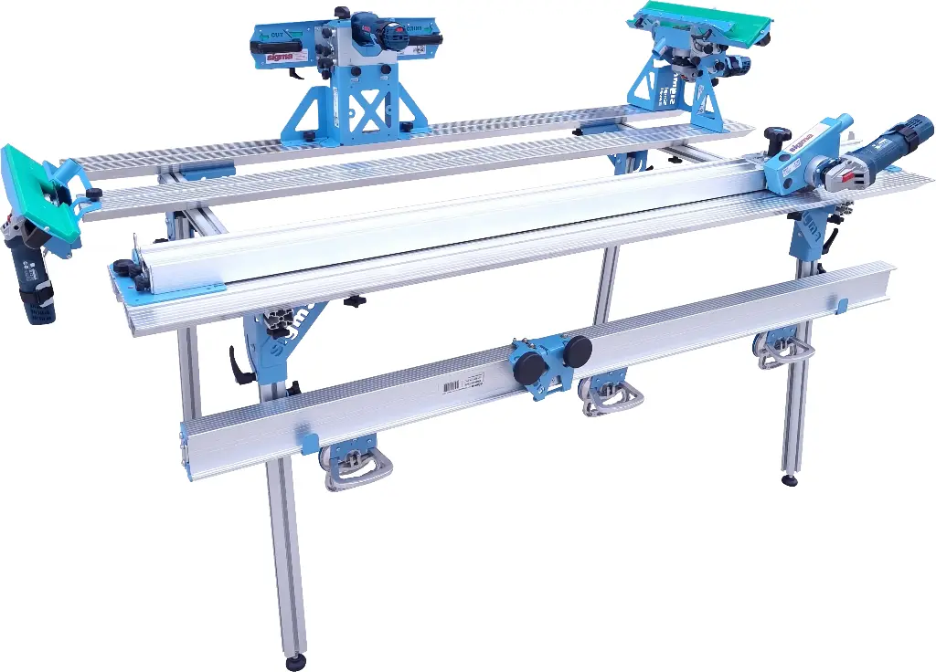 [SIGMA-63E] Banc de travail fixe en aluminium avec support pour la connexion de deux bancs (180x96cm, complet de 4 plans)